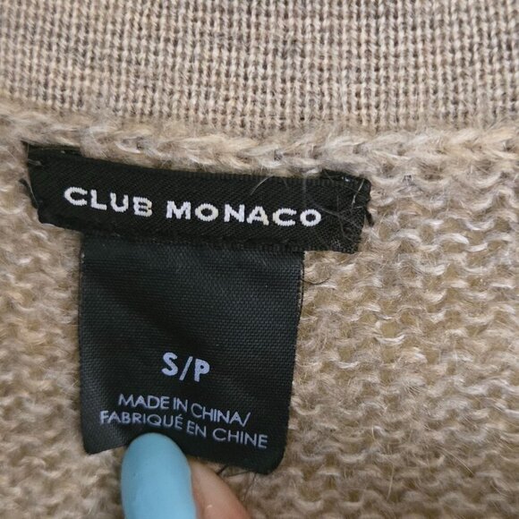 Club Monaco Neutral Wool Blend V Neck Elbow Patch Cardigan Sweater *Flaw Size S - Picture 5 of 7